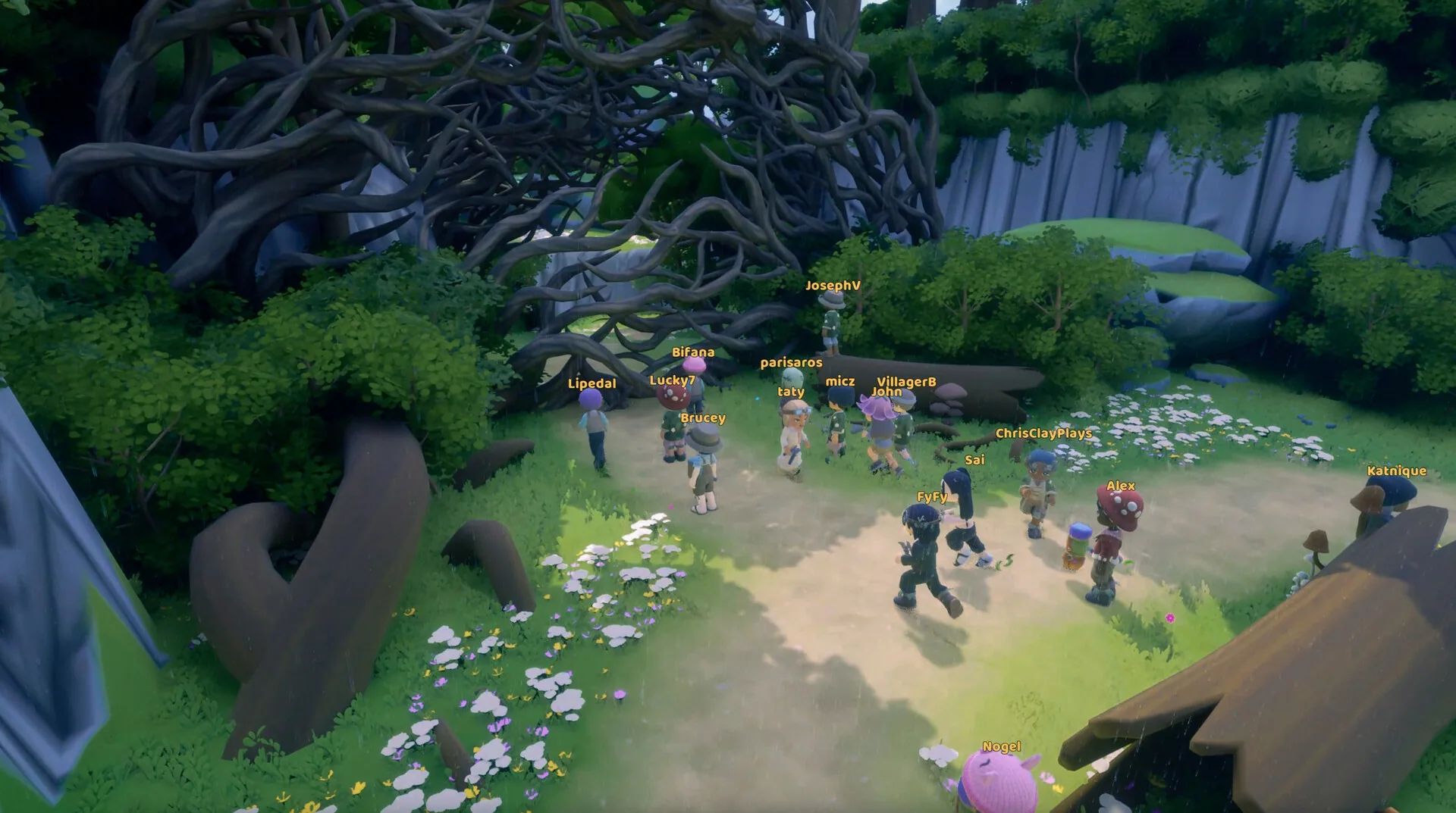 Residents gathered on a floating island near a cottage and garden beds