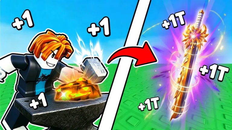Roblox smith hammering glowing ore on an anvil toward a golden sword