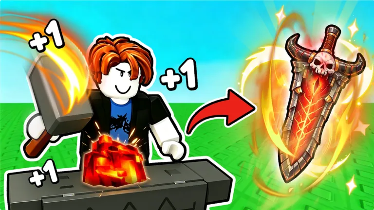 Hammer strike on red ore transforming into a flaming skull sword