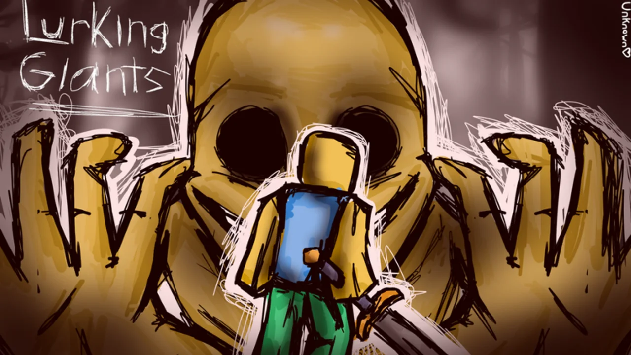 Official Lurking Giants key art: a towering giant looms over a lone survivor