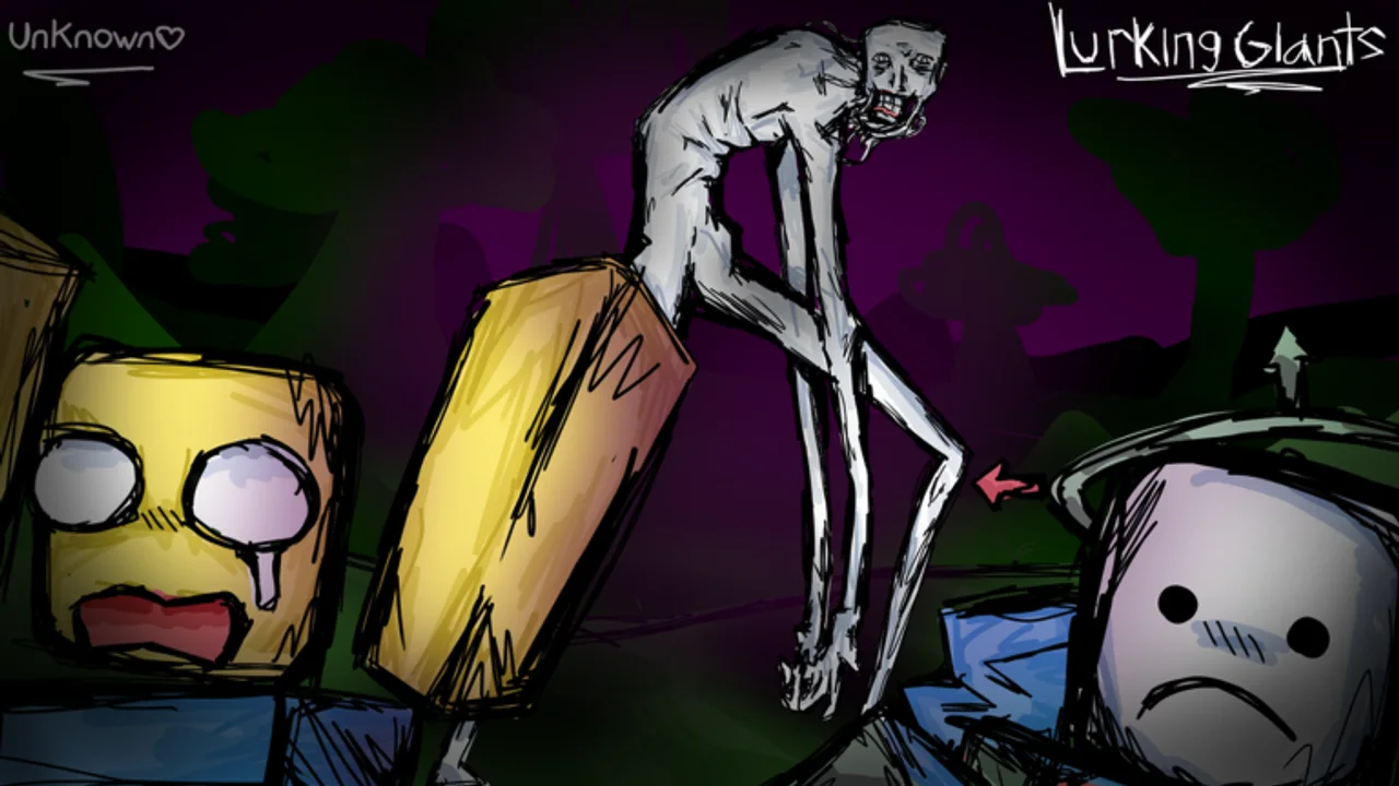 Official Lurking Giants art: a pale creature stalks two players
