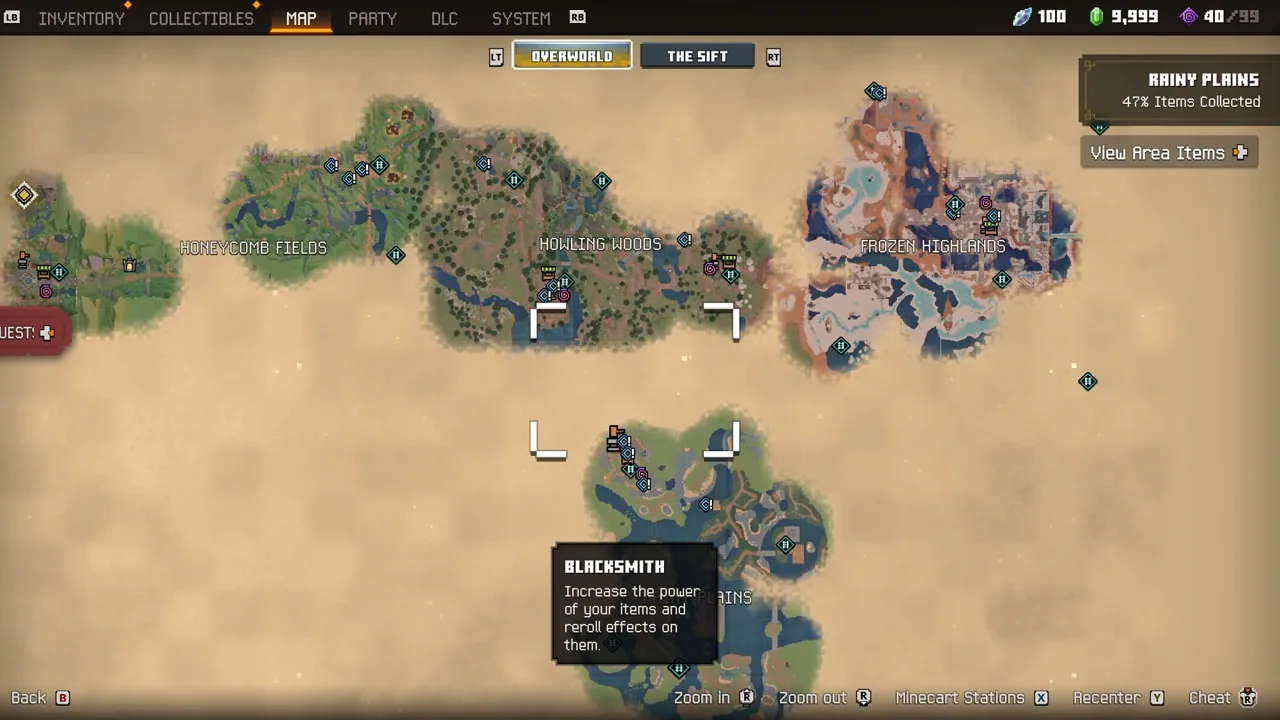 Official Overworld map with Howling Woods, Frozen Highlands, and Rainy Plains