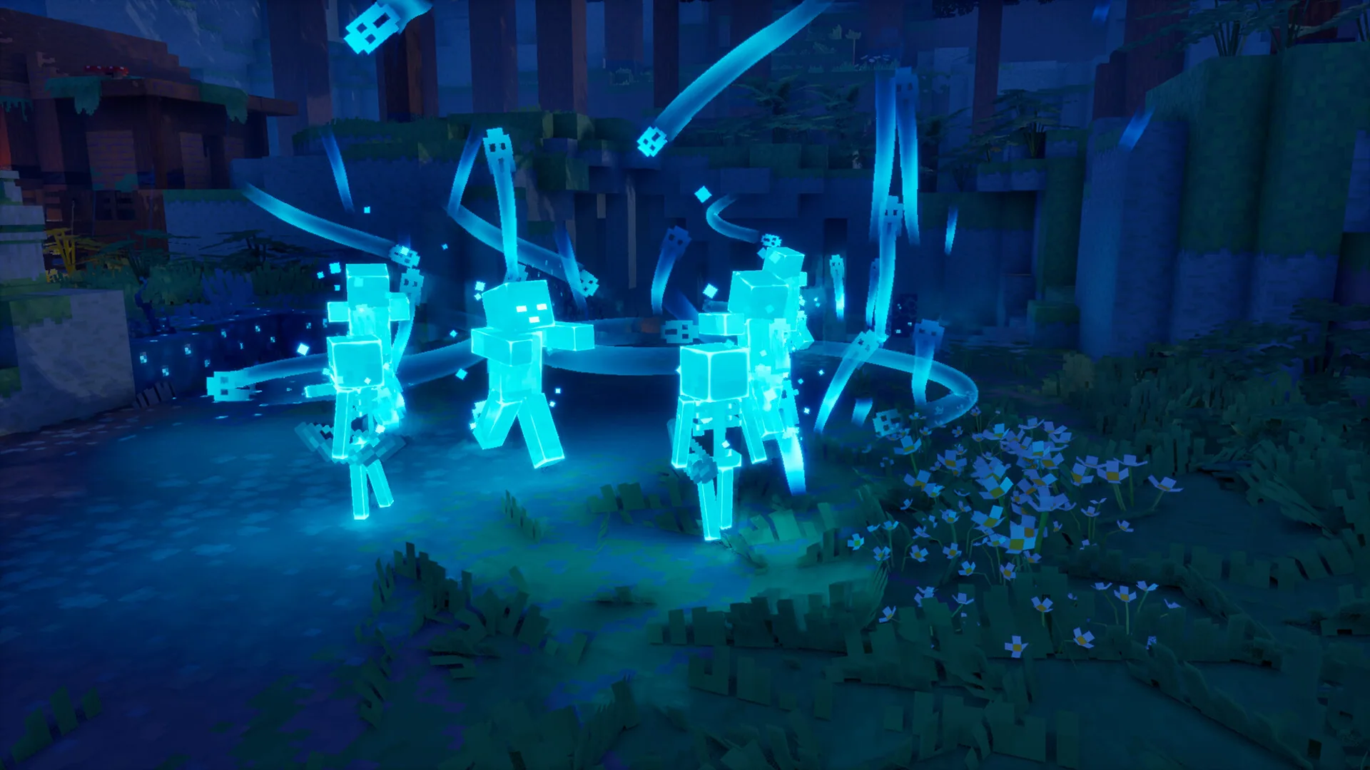 Spectral figures in a blue forest clearing