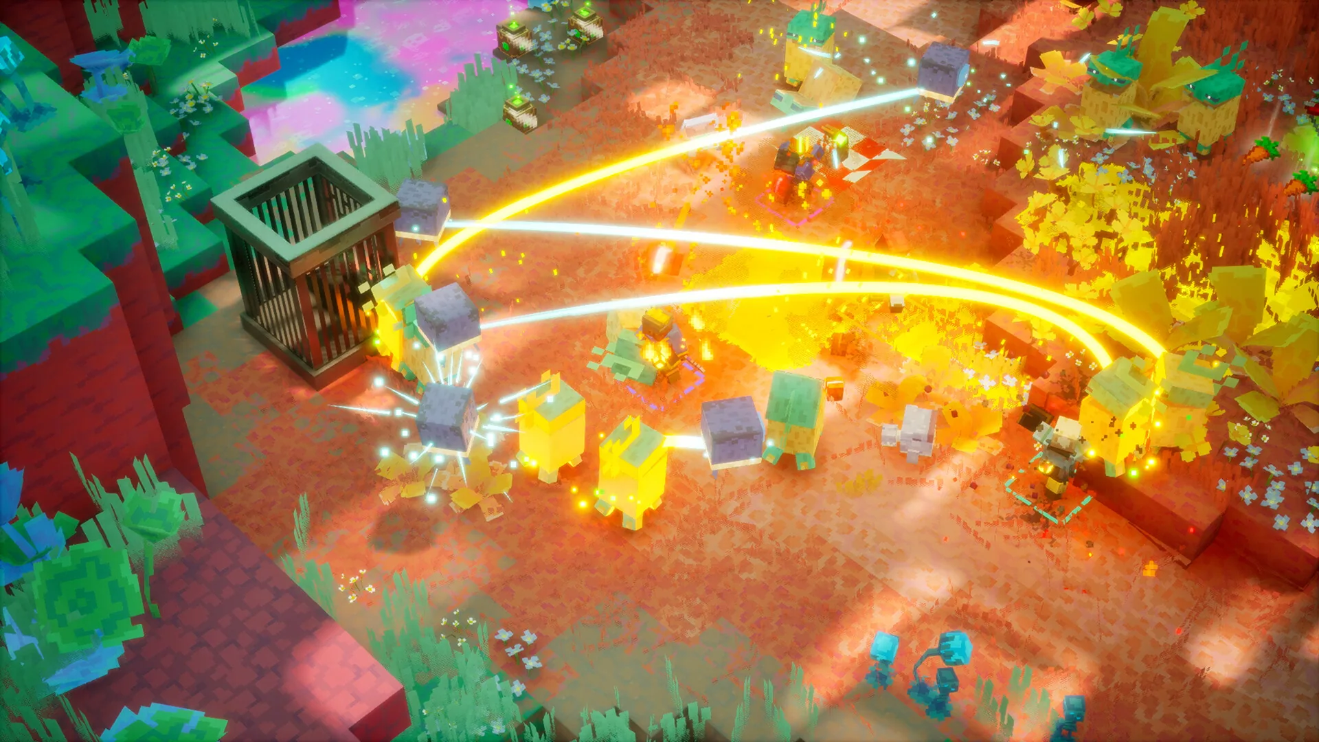 A party fighting cube-shaped foes