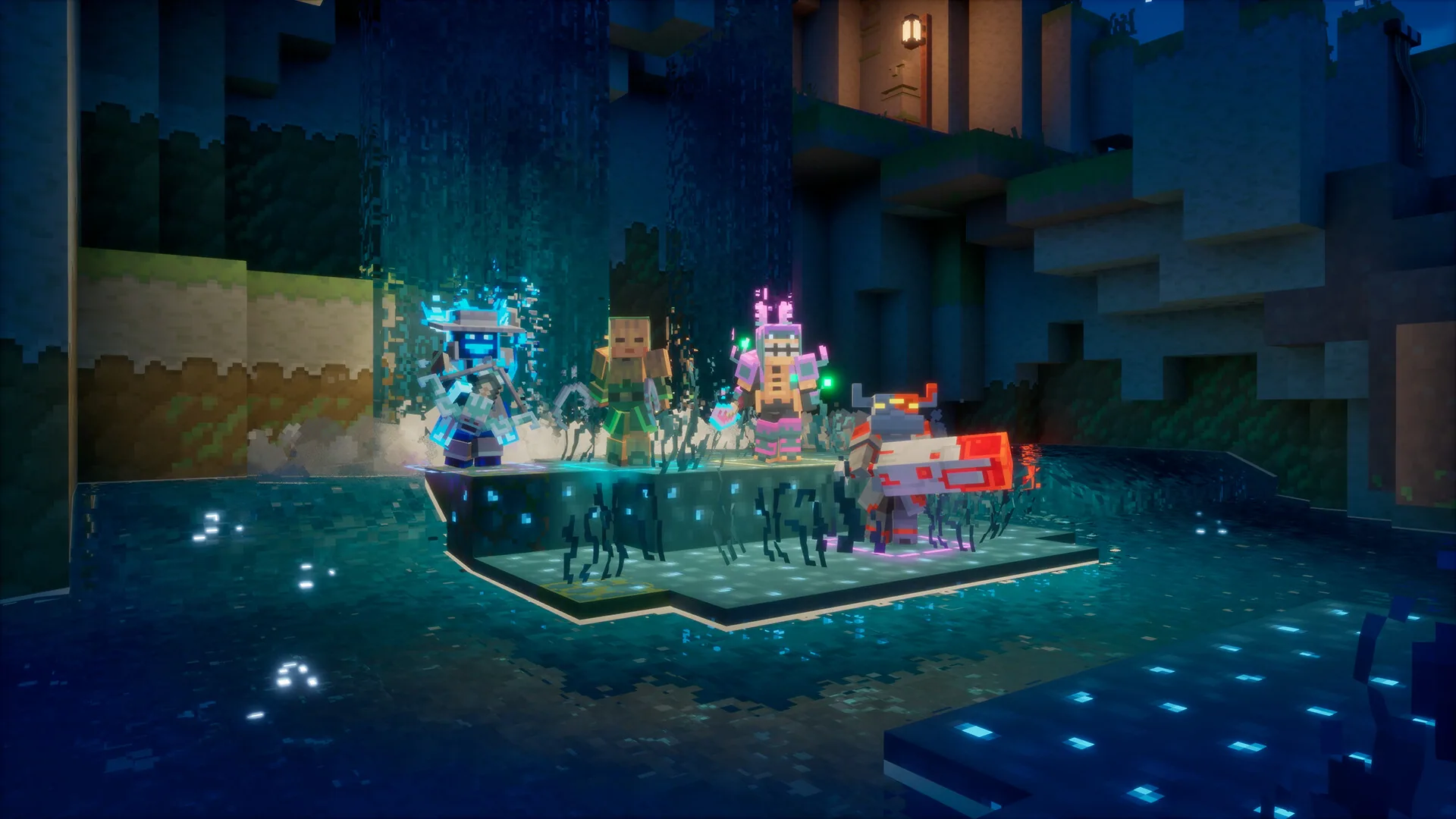 Four-hero party on a night platform