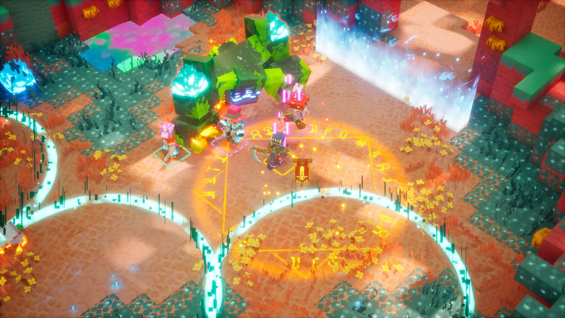 Four players fighting beside a green construct and a rift