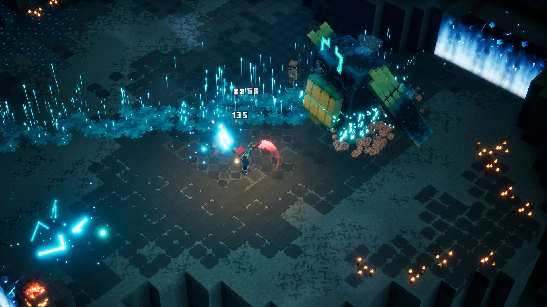Melee fight in a dark stone hall
