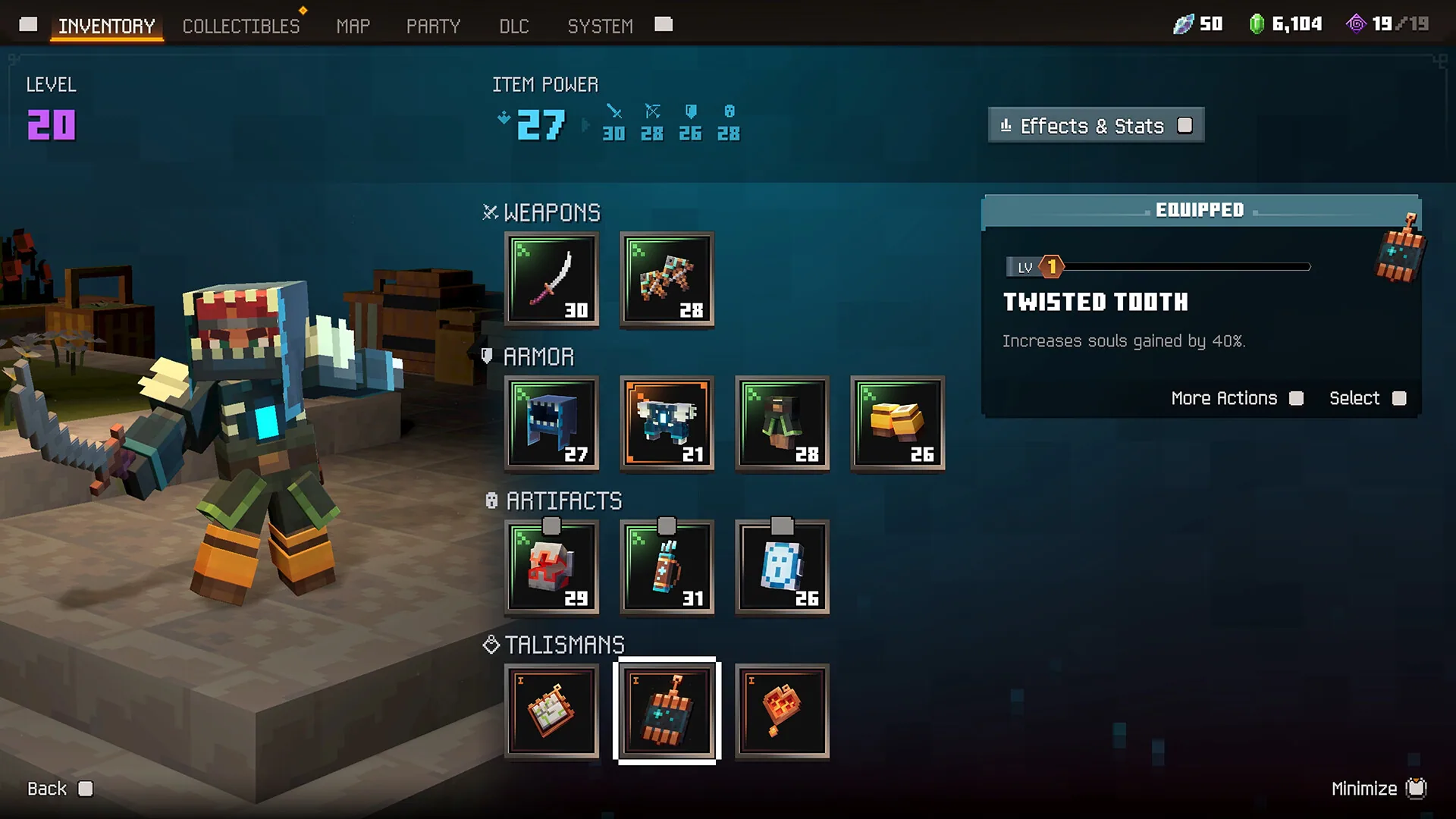 Official inventory with weapons, four armor pieces, artifacts, and talismans