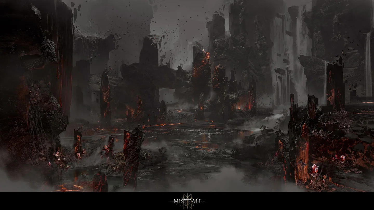 A dark red lake environment from Mistfall Hunter promotional art