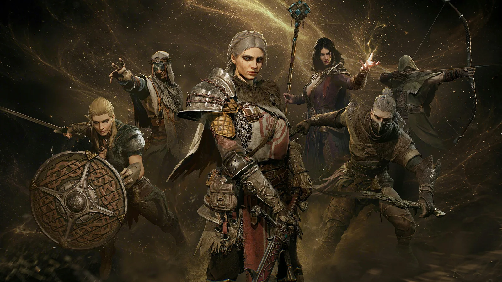 The six playable Mistfall Hunter classes assembled in official key art