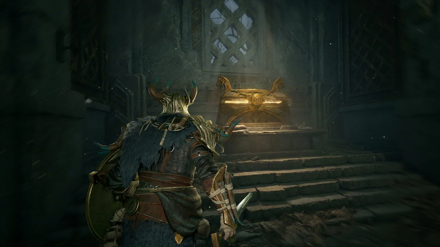 A hunter approaching an illuminated loot chest