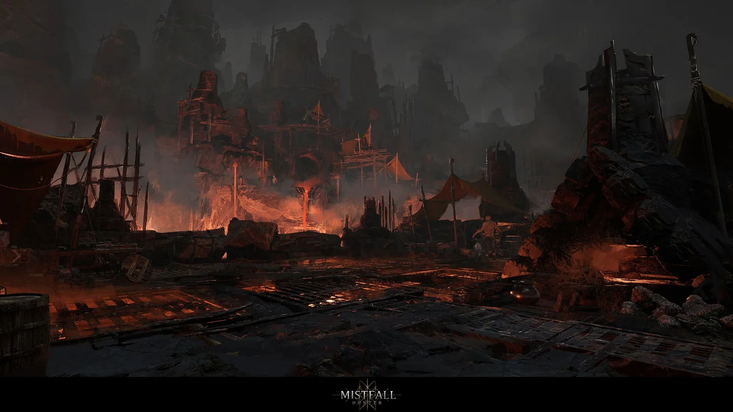 A red ruined camp in Mistfall Hunter promotional art