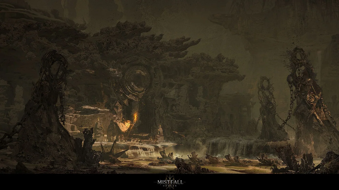 Stone statues in Mistfall Hunter ruins