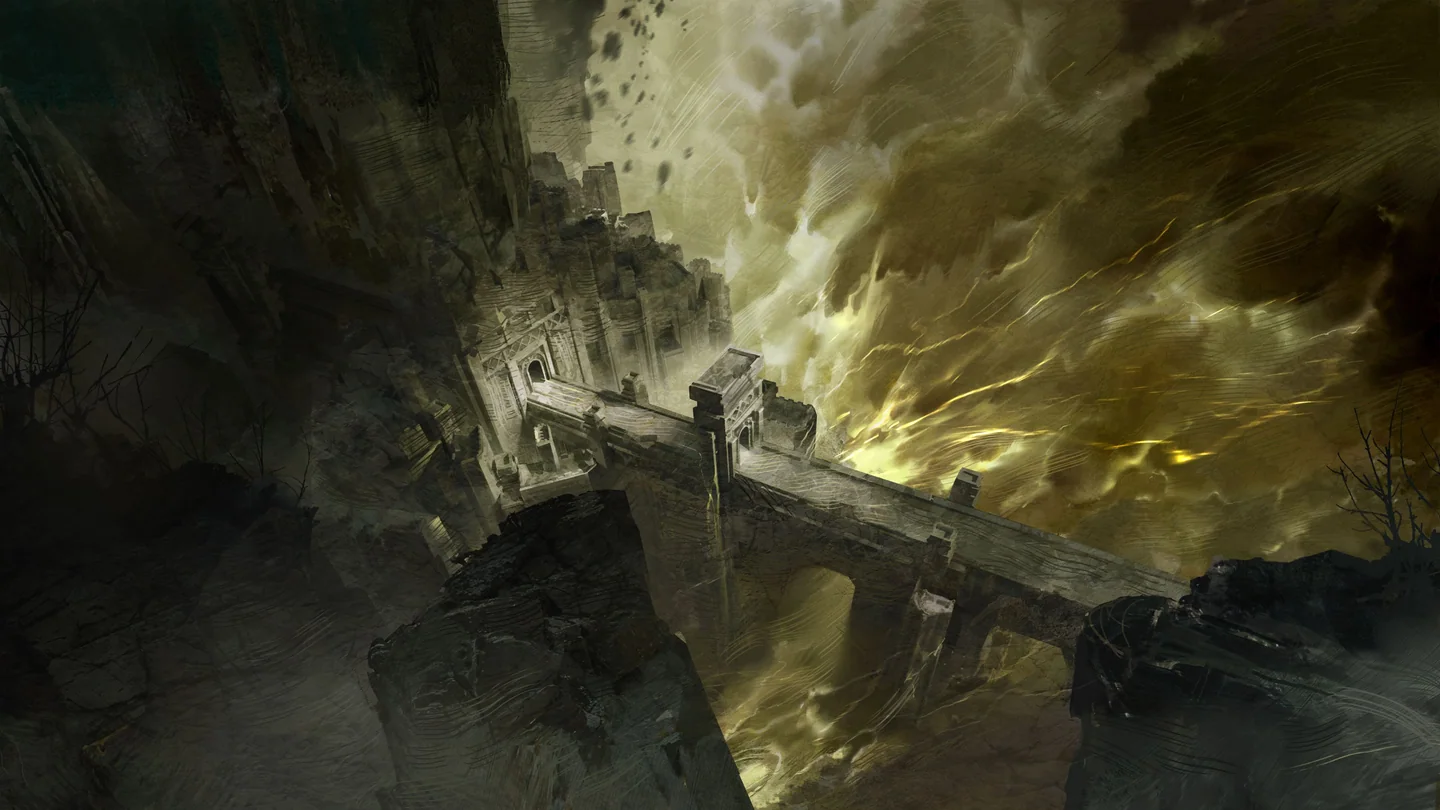 Mistfall Hunter promotional art showing a ruined bridge