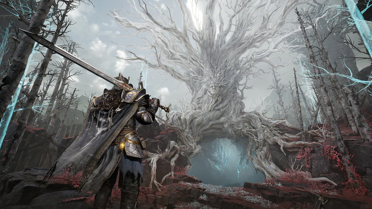 A Withered Knight carrying a greatsword beneath a white tree