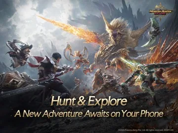 Hunters face a great wyvern on the key art, under the line Hunt and Explore