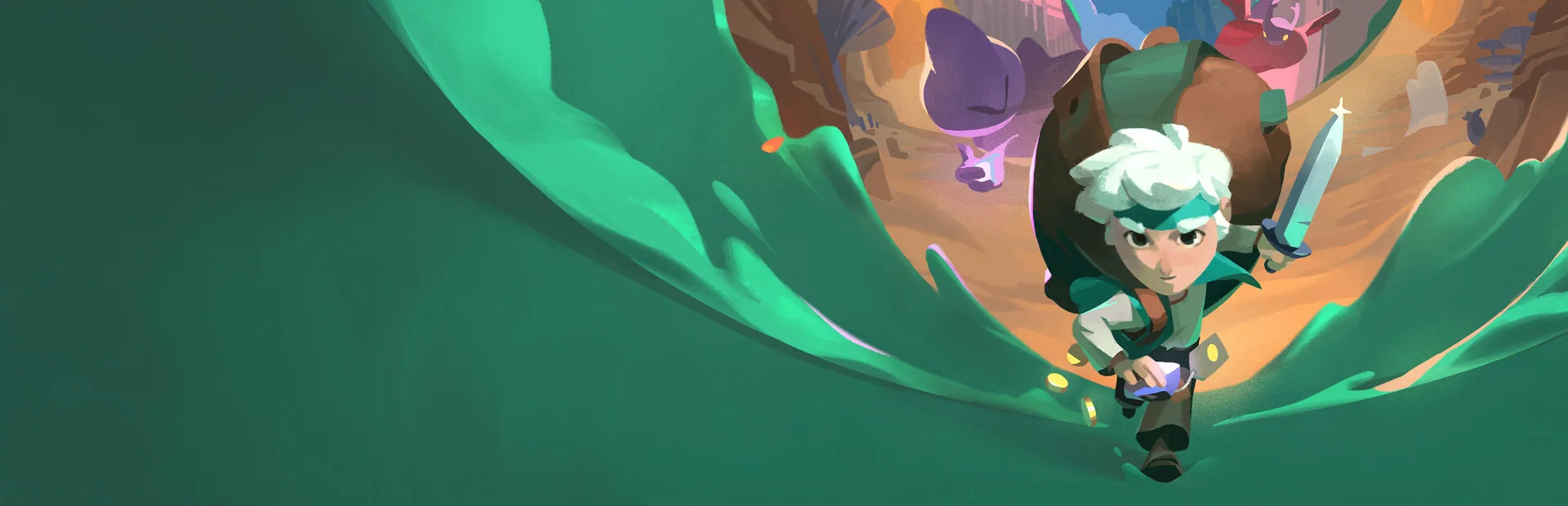 Wide Steam library hero of Will running through a green portal toward a desert village with a loaded backpack.