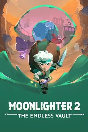 Vertical Steam library capsule: Will with sword and backpack in front of the Moonlighter 2: The Endless Vault wordmark.