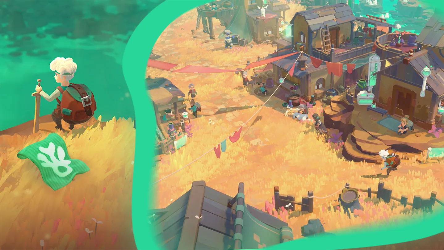 Steam store page background: white-haired Will sitting with a sword and backpack beside a green emblem flag, next to an aerial view of Tresna houses, clotheslines, and villagers.