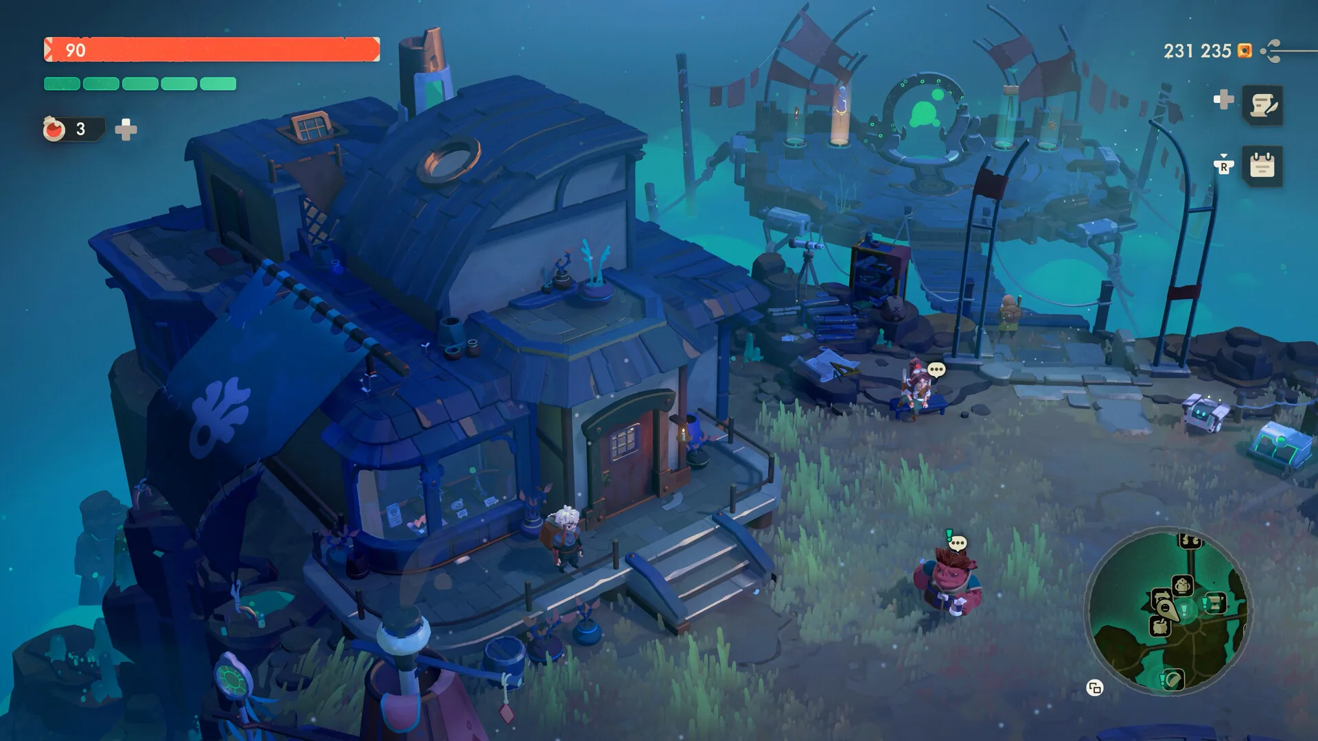 Will standing outside a blue cliffside shop building with a mini-map in the corner.