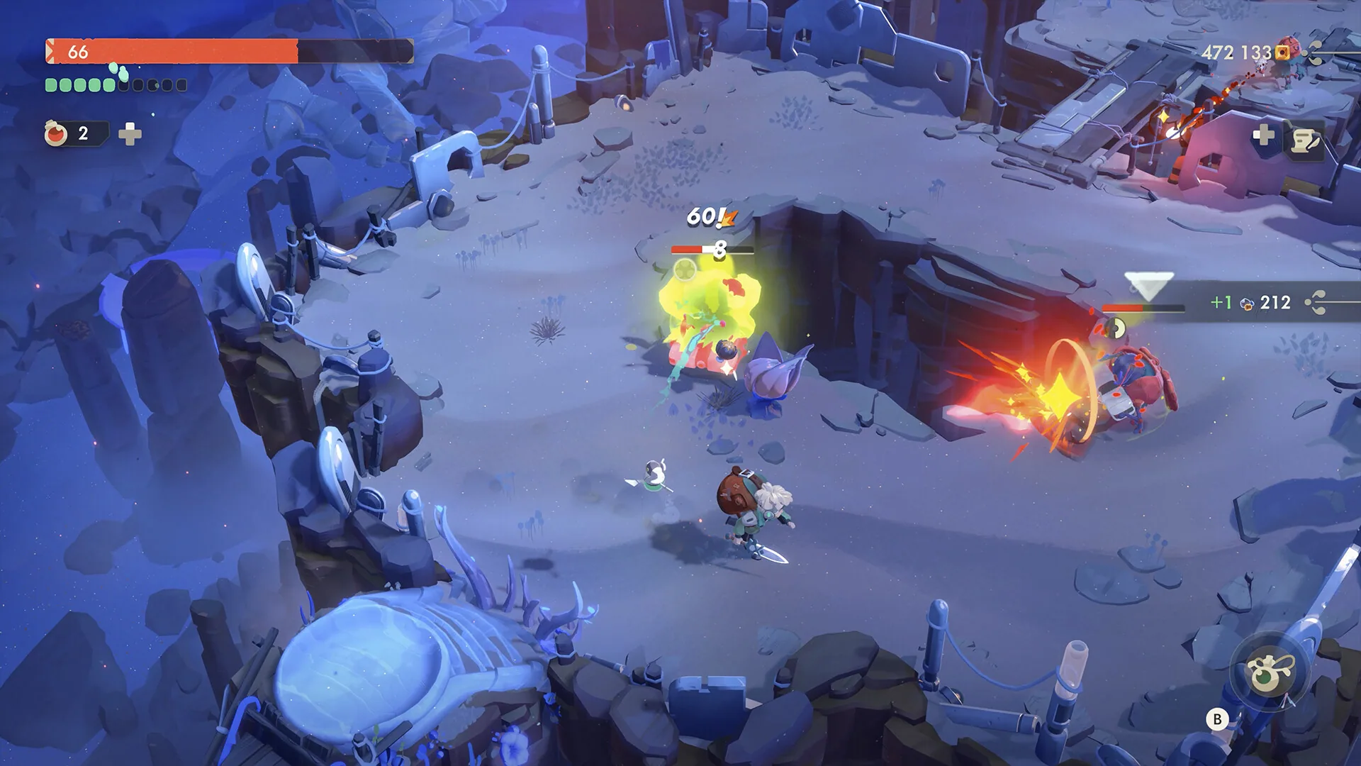 Will fighting in a blue-white canyon as a yellow enemy explodes beside a red-armored foe.