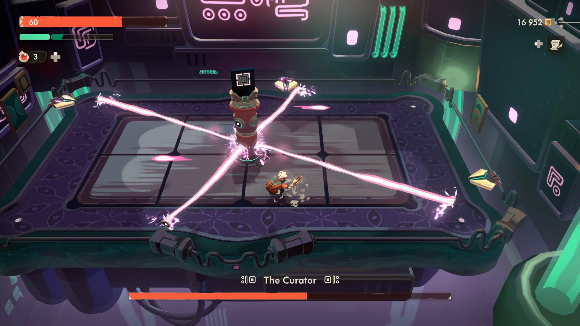 Boss fight against The Curator in a neon Gallery room with four pink lasers.
