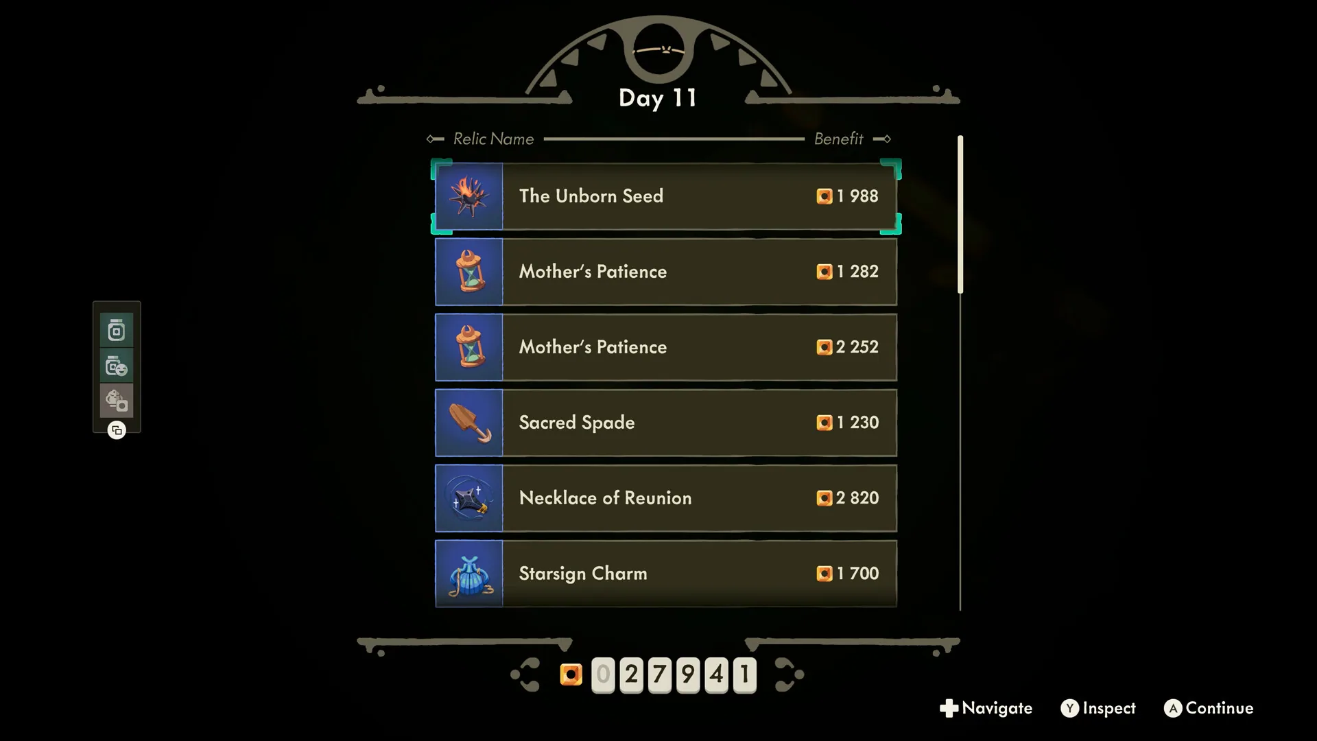 Day 11 sales ledger listing The Unborn Seed, Mother's Patience, Sacred Spade, Necklace of Reunion, and Starsign Charm.