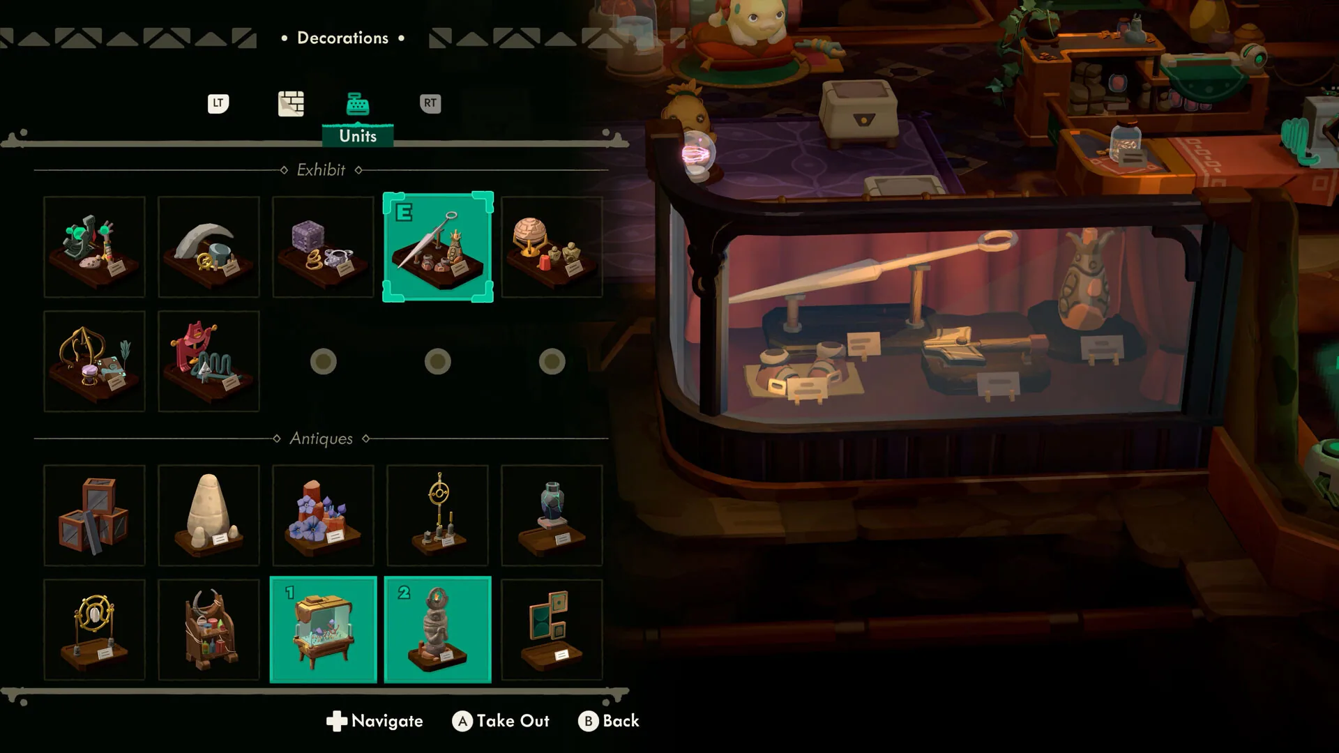Decorations menu showing Exhibit and Antiques shop cosmetics beside a glass display case.