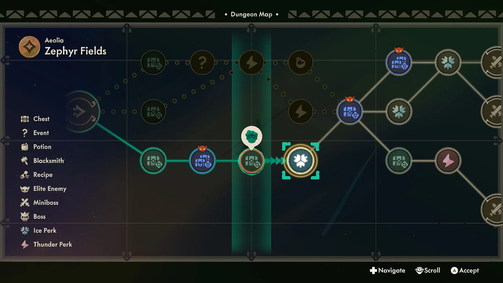 Dungeon Map UI for Aeolia Zephyr Fields showing chest, event, potion, blacksmith, recipe, elite, miniboss, boss, Ice Perk, and Thunder Perk nodes.