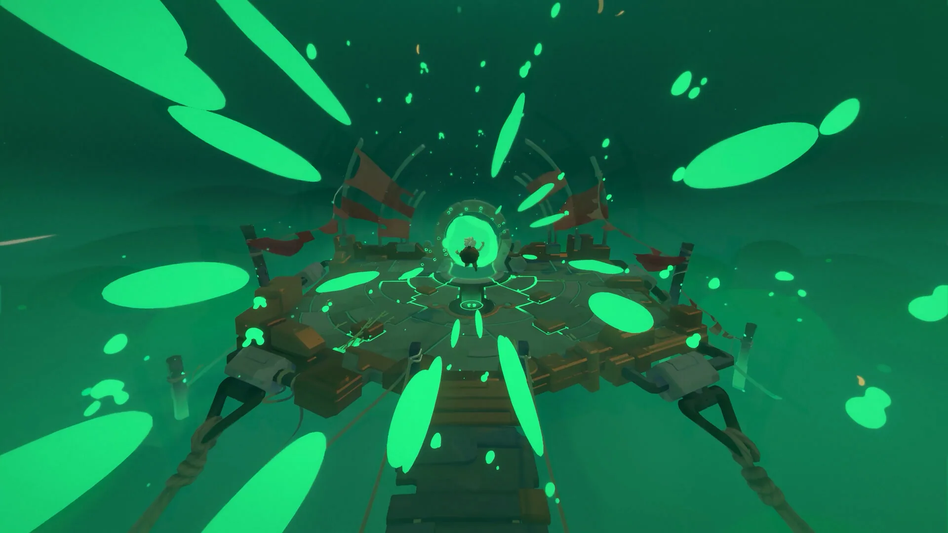 A rush through a green portal onto a circular flagged platform, matching the Endless Vault motif.