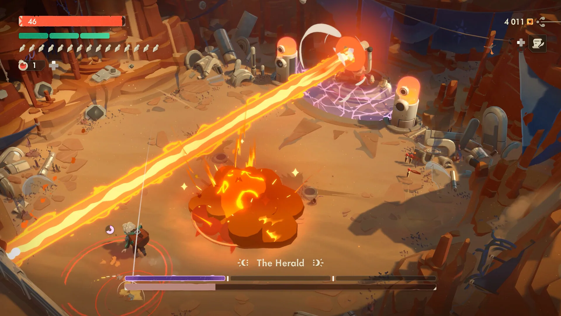 Boss fight against The Herald in a desert arena with a horizontal fire beam.