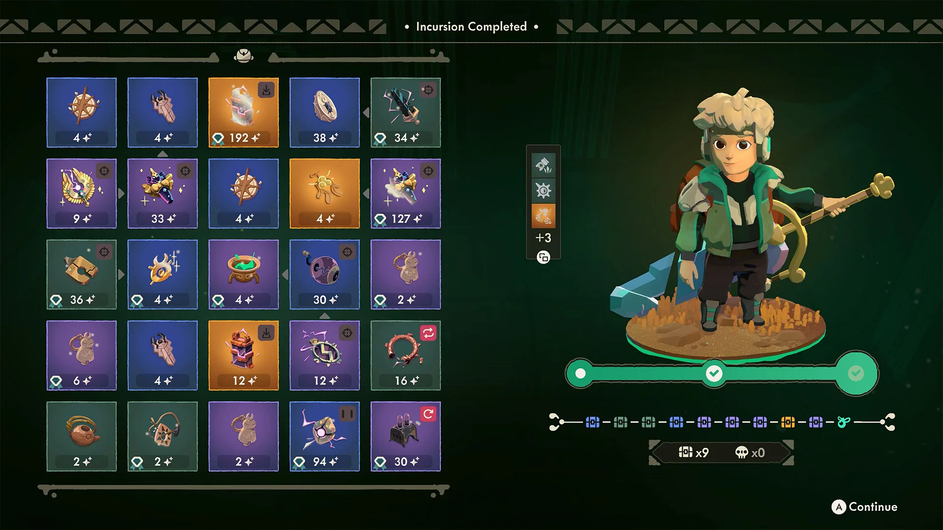 Incursion Completed loot grid beside Will wearing a large backpack, with a continue prompt.