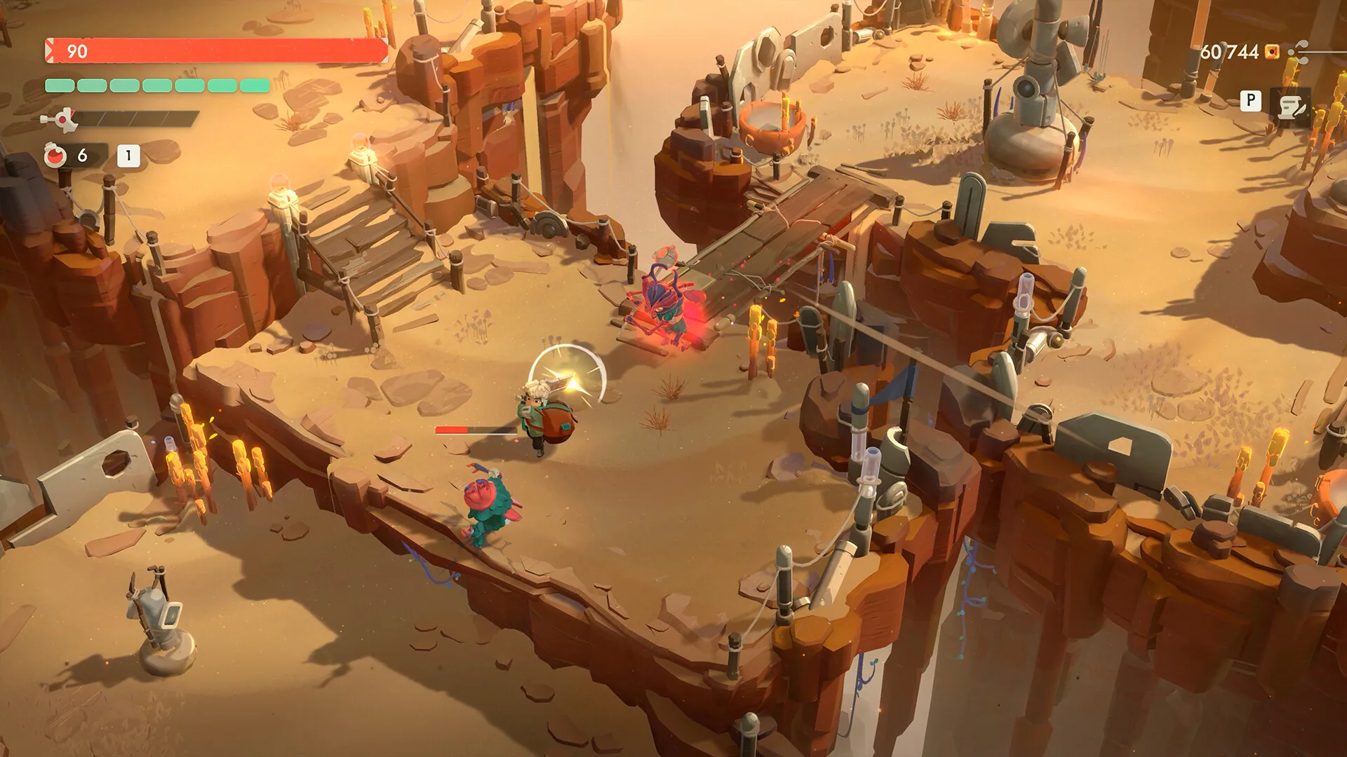 Will fighting small red enemies on a sandstone cliff with a circular slash; the HUD shows 90 health.