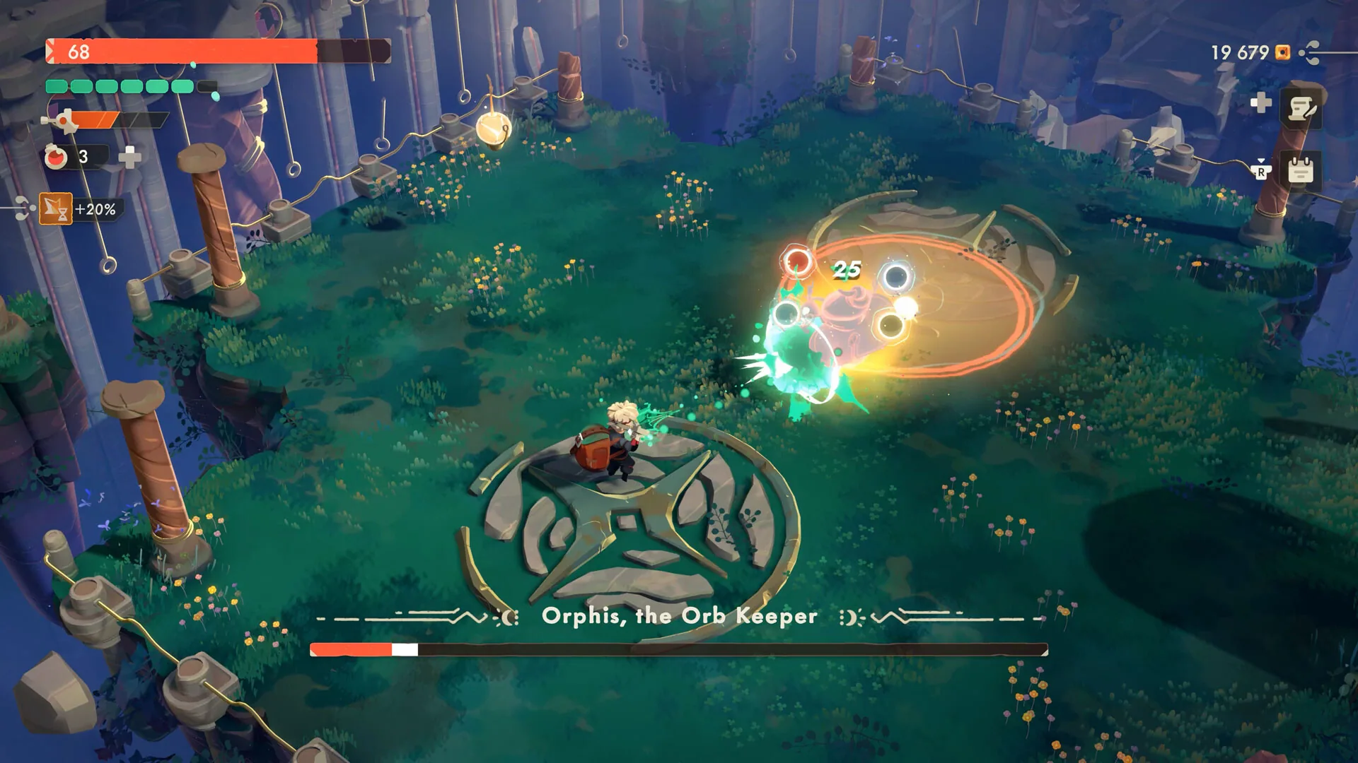Boss fight against Orphis, the Orb Keeper on a grassy stone platform.