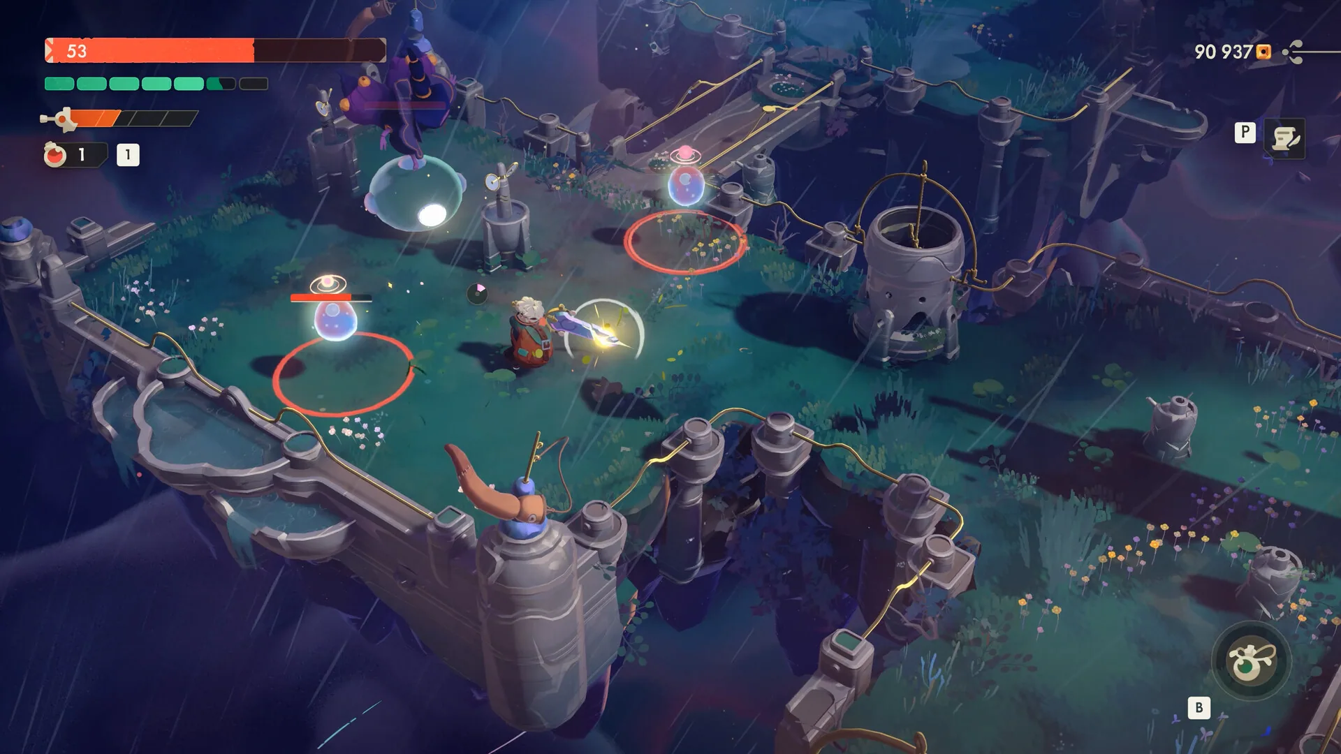 Will fighting floating orbs on a rainy green terrace lined with lightning pylons.