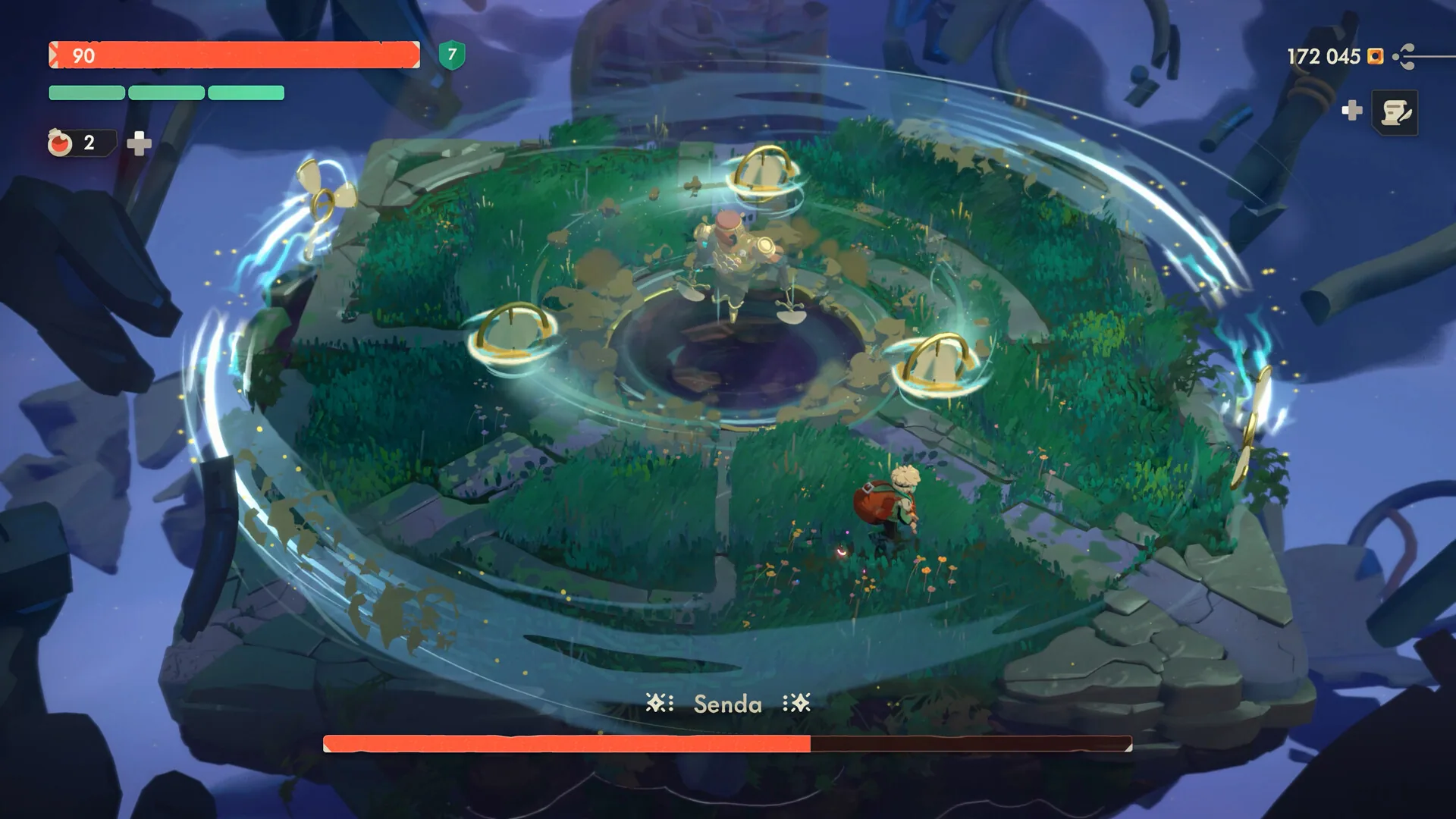 Boss fight against Senda on a circular grassy arena with orbiting gold rings.