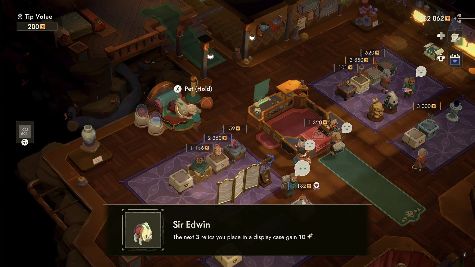 Moonlighter shop floor with priced display cases, a Bloblet pet prompt, customers, and the Sir Edwin perk card.