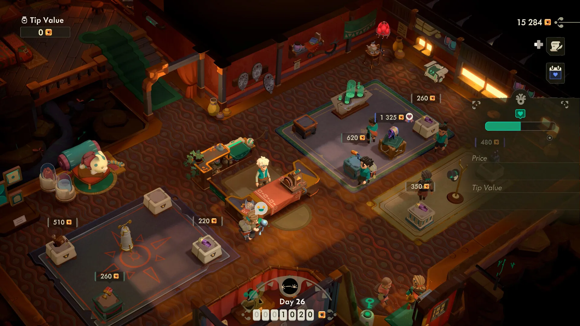 Moonlighter shop on Day 26 with a Tip Value meter, priced relics, and browsing customers.