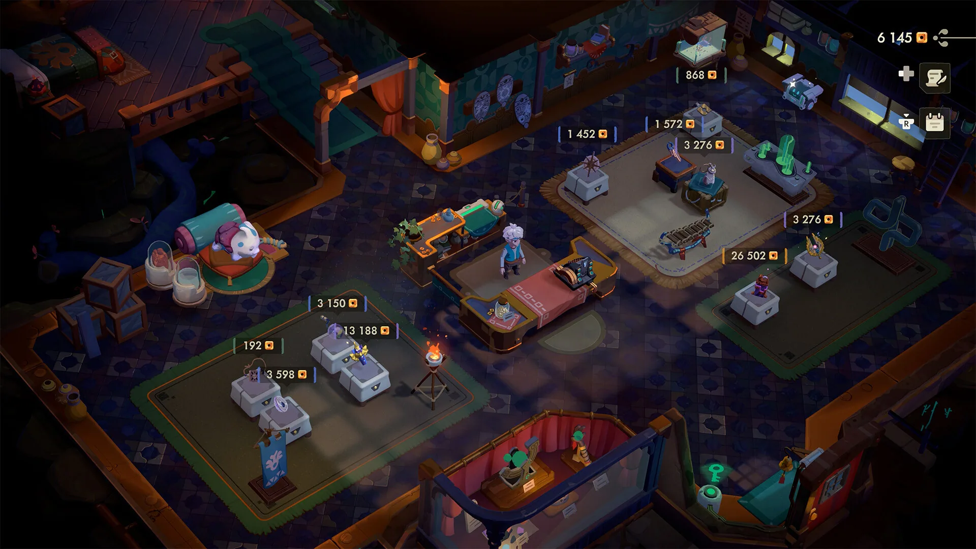Shop interior with high-priced display tables, a Bloblet bed, and gold values above relics.