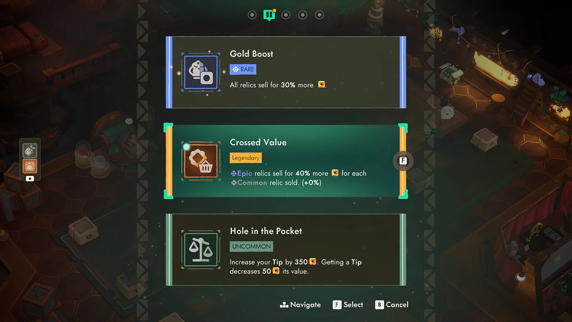 Shop perk choice among Gold Boost, Crossed Value, and Hole in the Pocket.