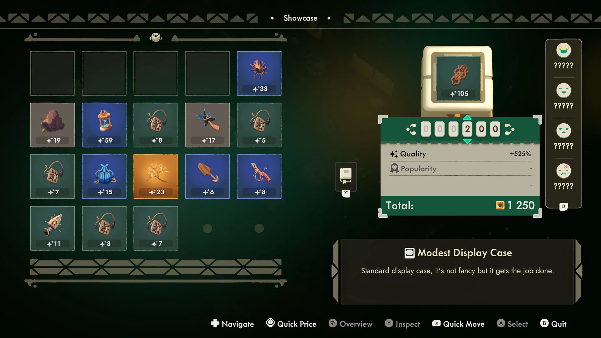 Showcase inventory pricing a relic at 200 gold with +525 percent quality for a 1,250 total in a Modest Display Case.
