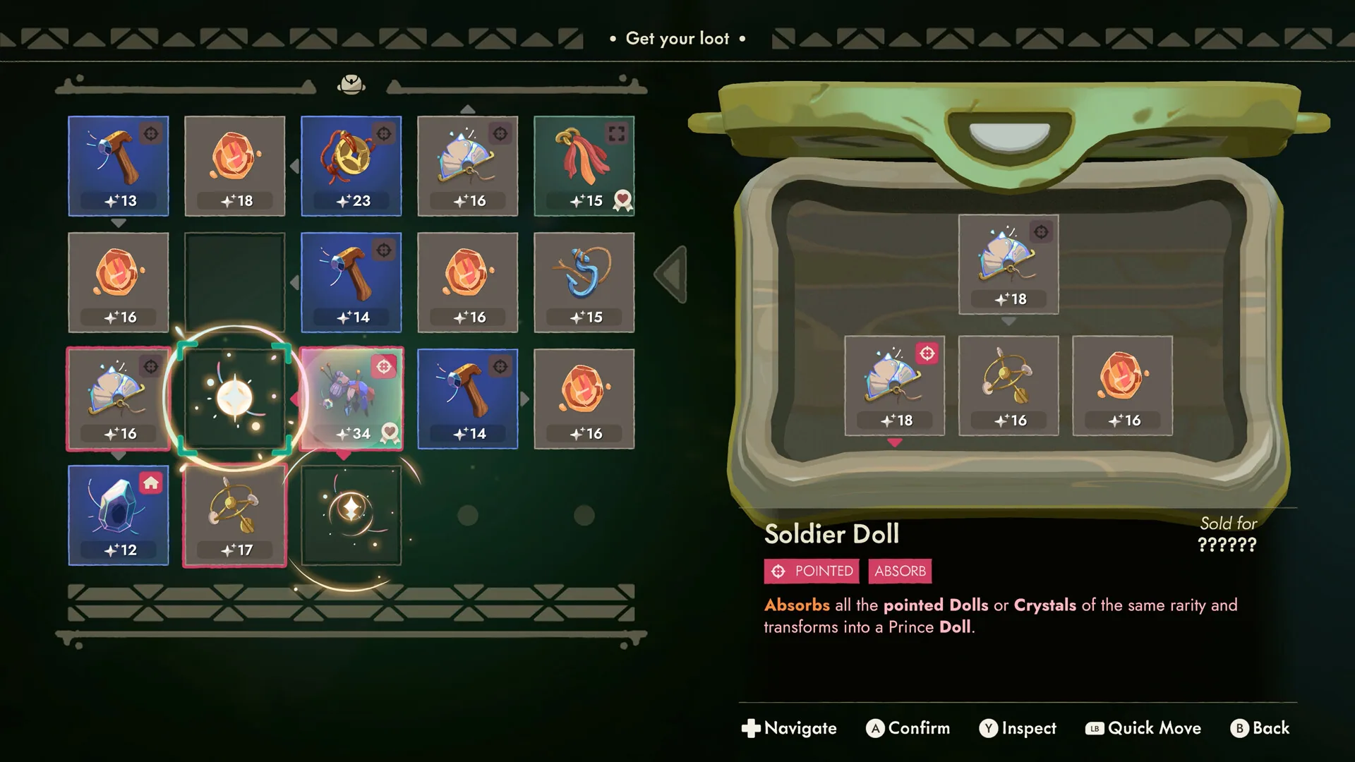 Get your loot backpack grid highlighting Soldier Doll, which absorbs pointed Dolls or Crystals to become a Prince Doll.