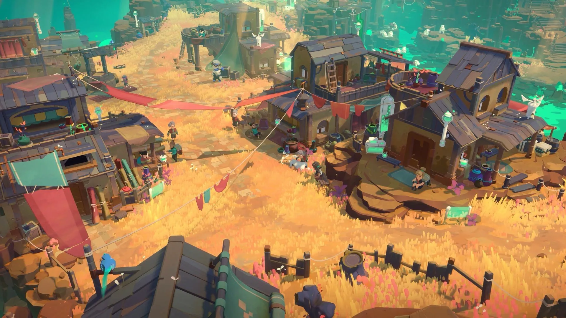 Wide view of Tresna wooden houses, clotheslines, and villagers on golden grass.