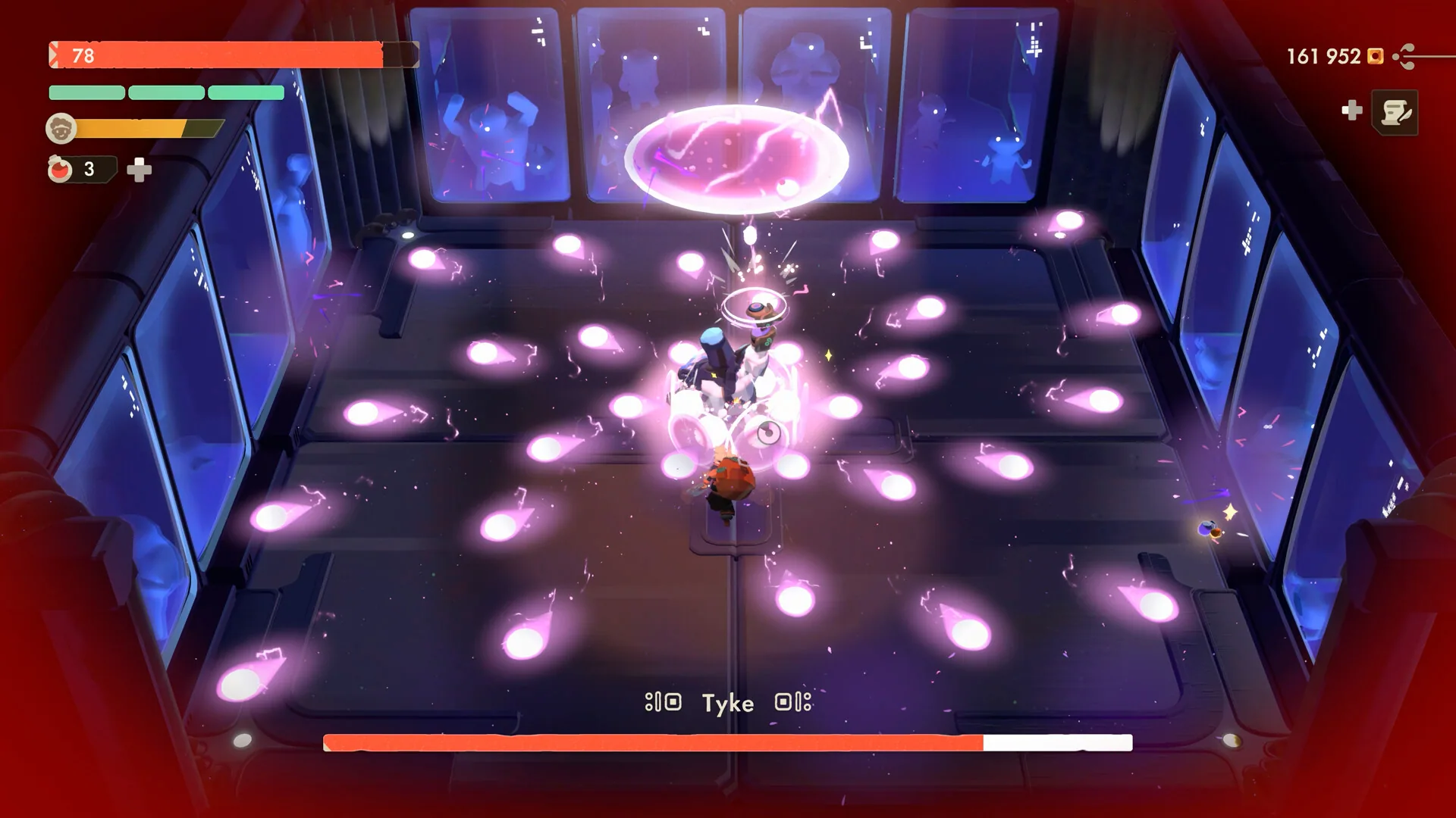 Boss fight against Tyke in a purple-lit Gallery chamber with a health bar labeled Tyke.
