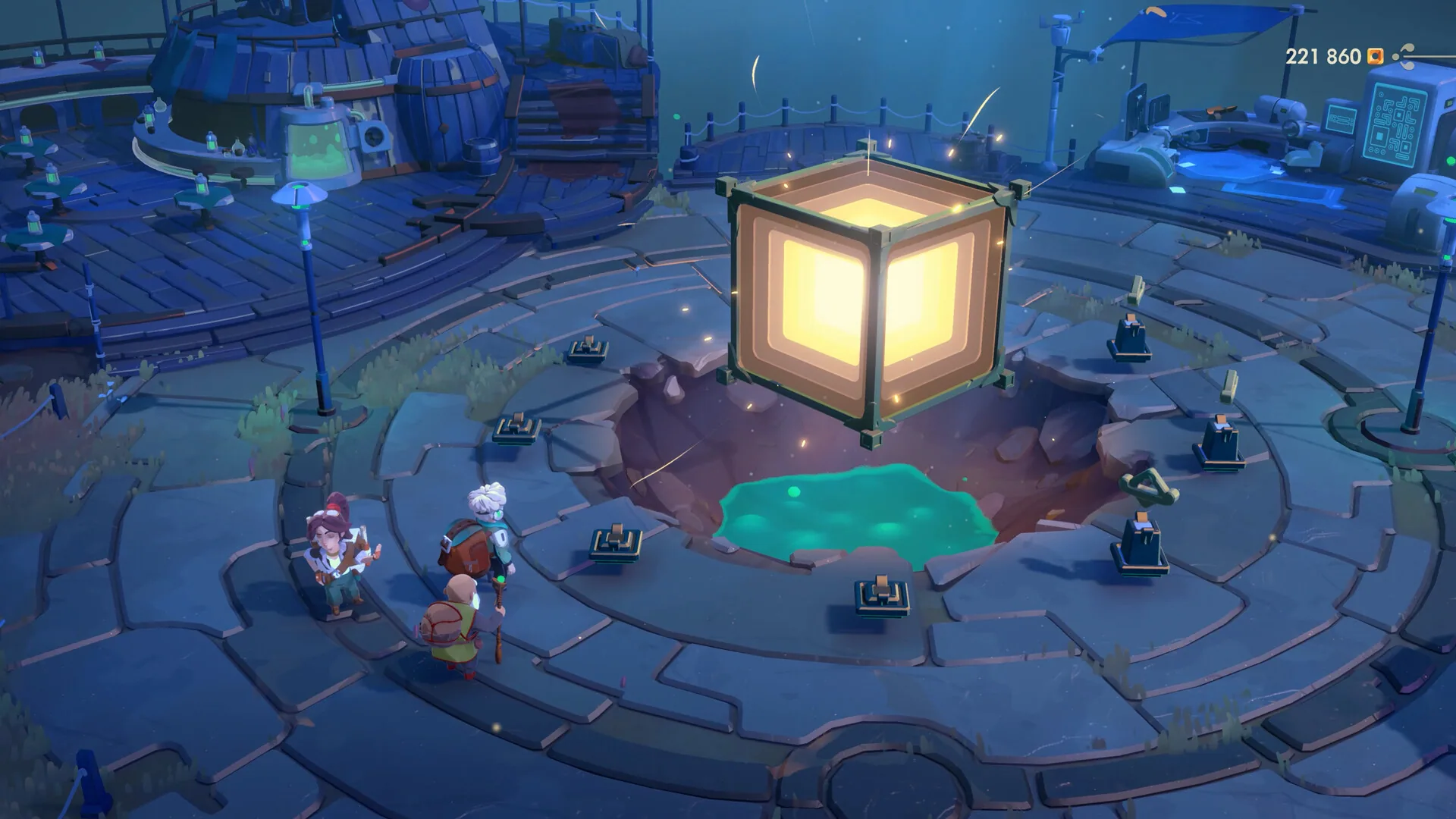 Tresna plaza with a glowing cubic Endless Vault hovering over a cracked pool while townsfolk watch.