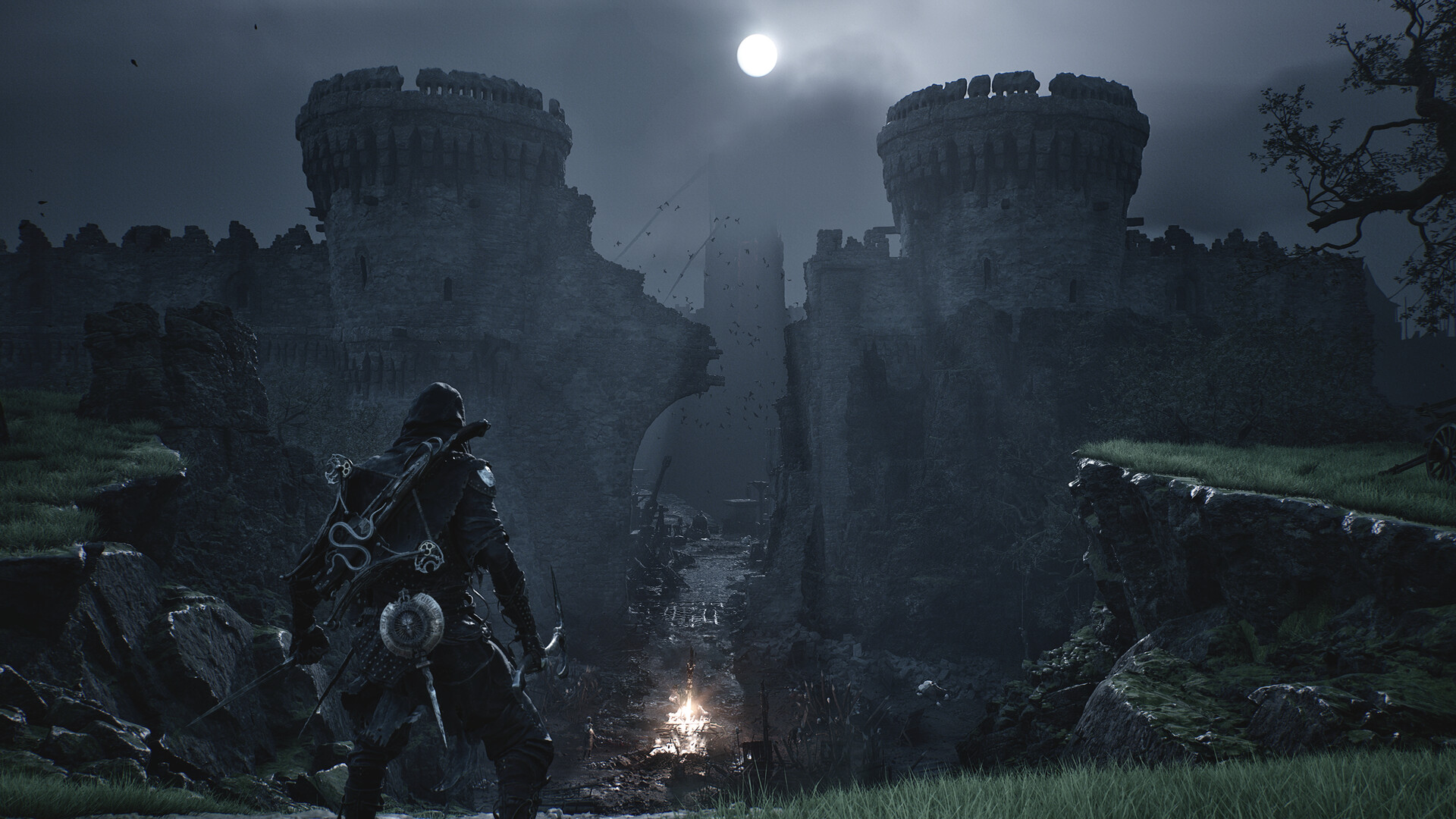 Official Mortal Shell II gameplay scene with a warrior and a towering creature.