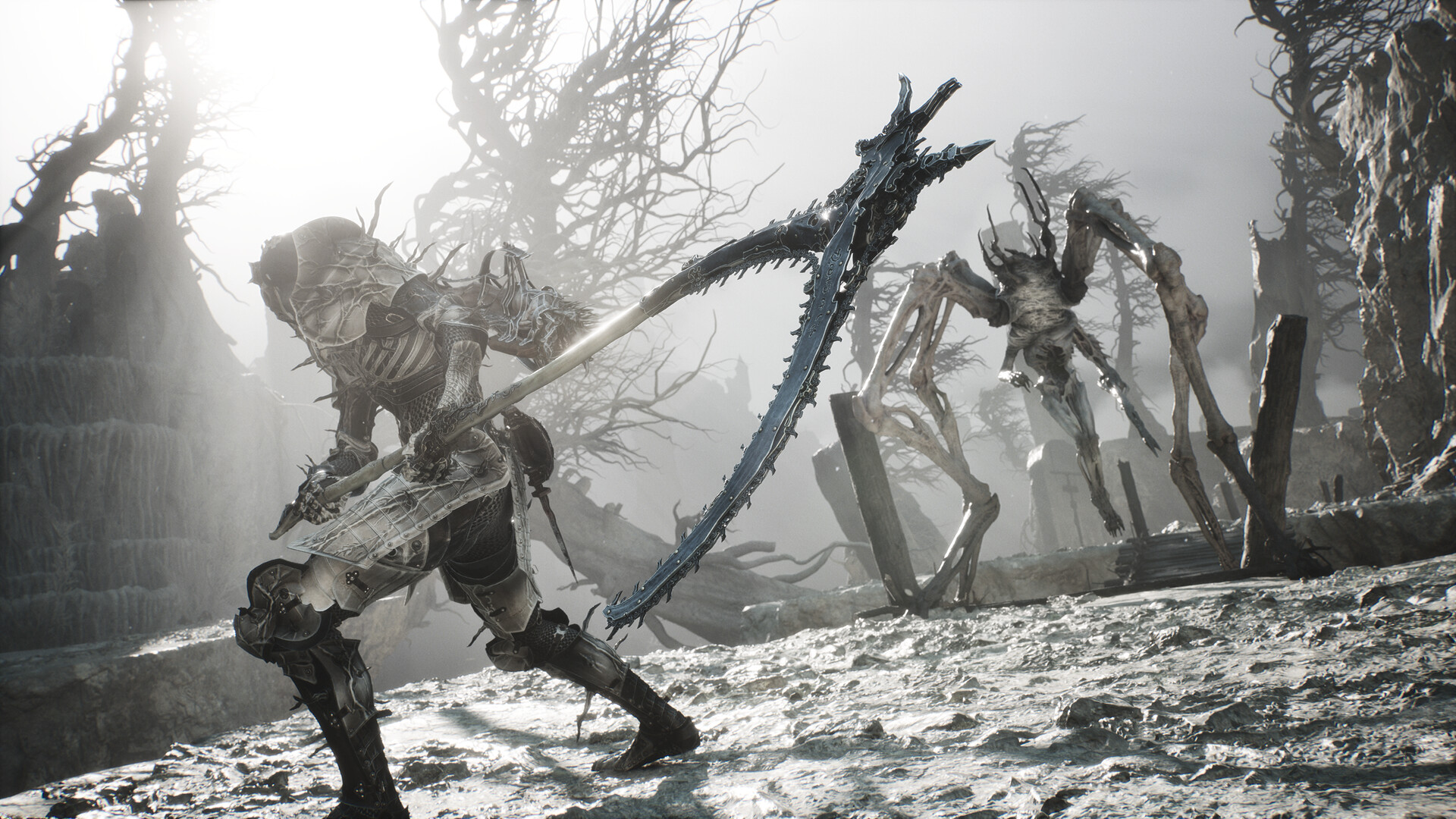 The Harbinger stands in a ruined dark-fantasy landscape in official Mortal Shell II gameplay art.