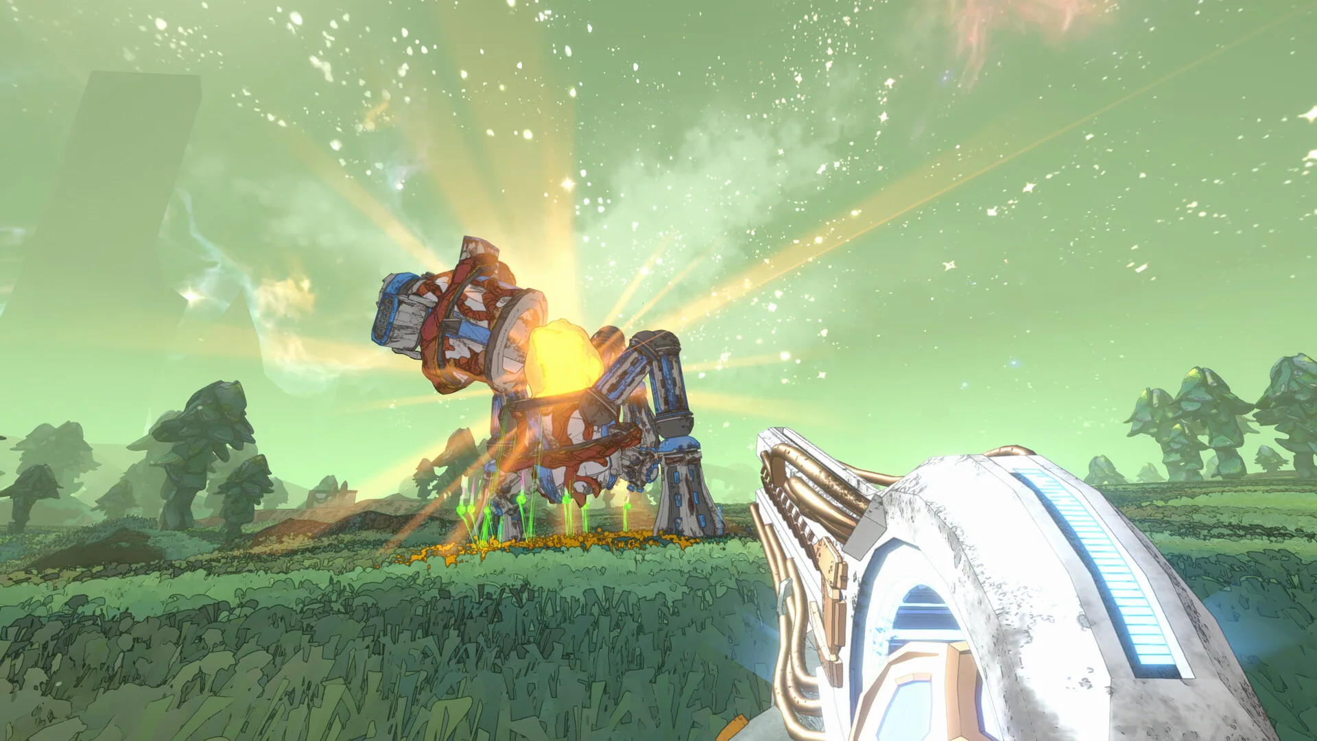 First-person view on the fungal field. The foreground tool and the large machine are both in frame. The shot is the field, not a portrait of one gun.
