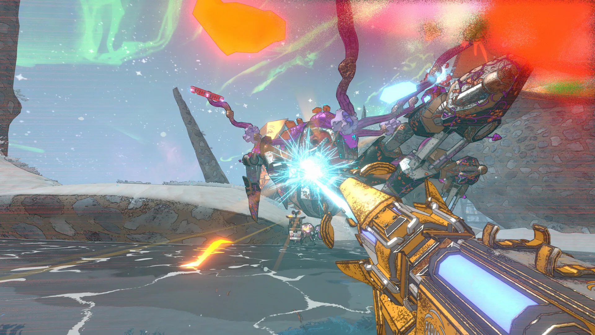 Close combat with orange equipment and a cyan weapon light.