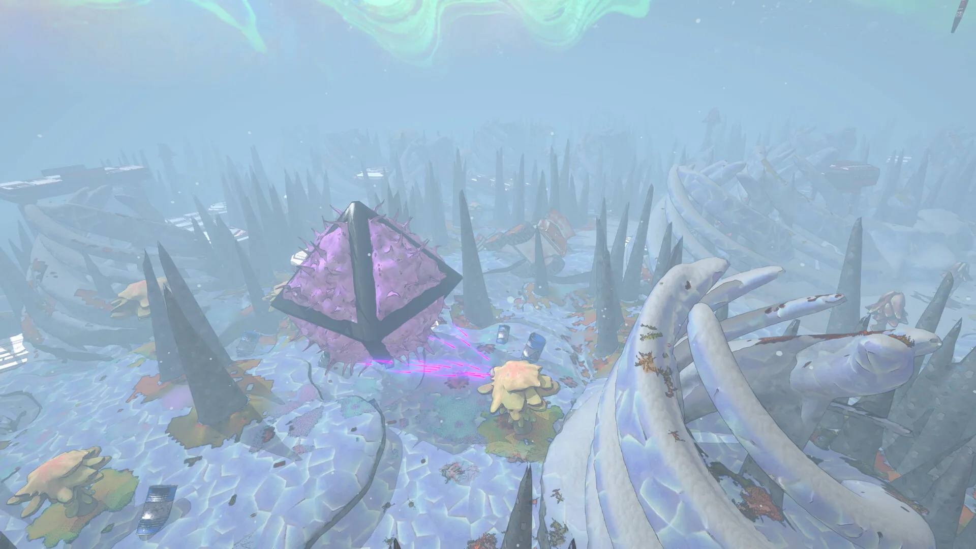 A purple spiked core in a pale fungal field, with a cyan beam and bone-like wreckage.